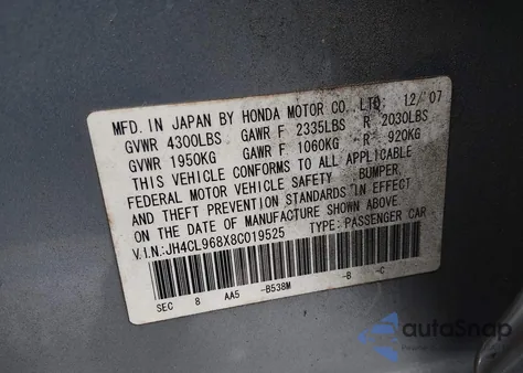 2008 Acura Tsx from USA, damaged, VIN JH4CL968X8C019525